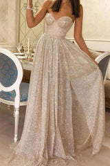 Champagne sweetheart tulle sequin long prom dress tulle evening dress - RongMoon
