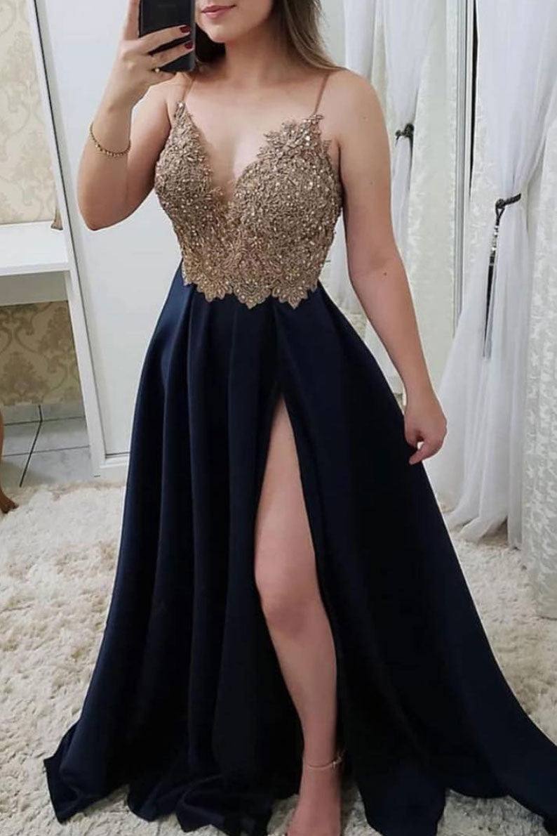 Unique lace satin long prom dress, lace long evening dress - RongMoon