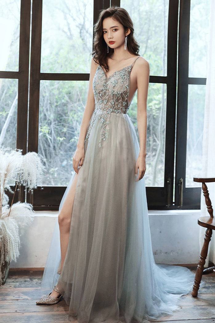 Gray v neck tulle beads long prom dress beads tulle evening dress - RongMoon