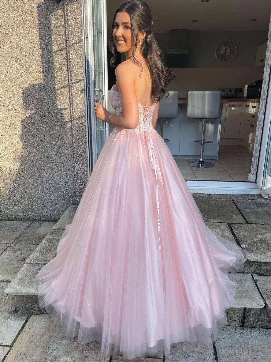 Pink sweetheart tulle lace long prom dress, pink tulle lace evening dress - RongMoon