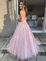 Pink sweetheart tulle lace long prom dress, pink tulle lace evening dress - RongMoon