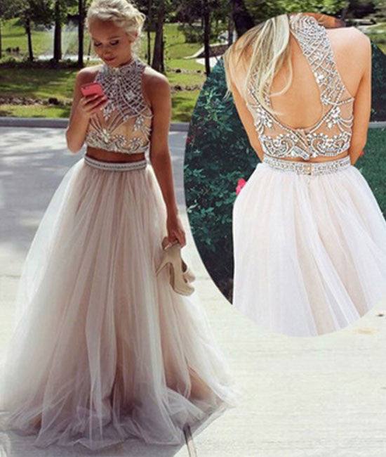 Champagne tulle beaded 2 pieces long prom dresses, formal dresses - RongMoon