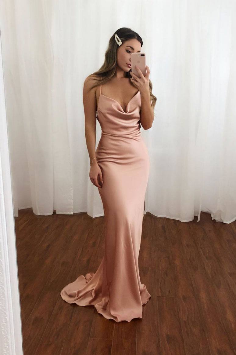 Pink sweetheart satin mermaid long prom dress pink evening dress - RongMoon