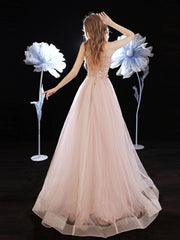 Pink tulle beads long prom dress, pink sweet 16 dress - RongMoon