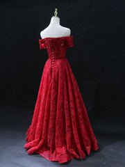 Burgundy A line lace tulle beads long prom dress, burgundy bridesmaid dress - RongMoon