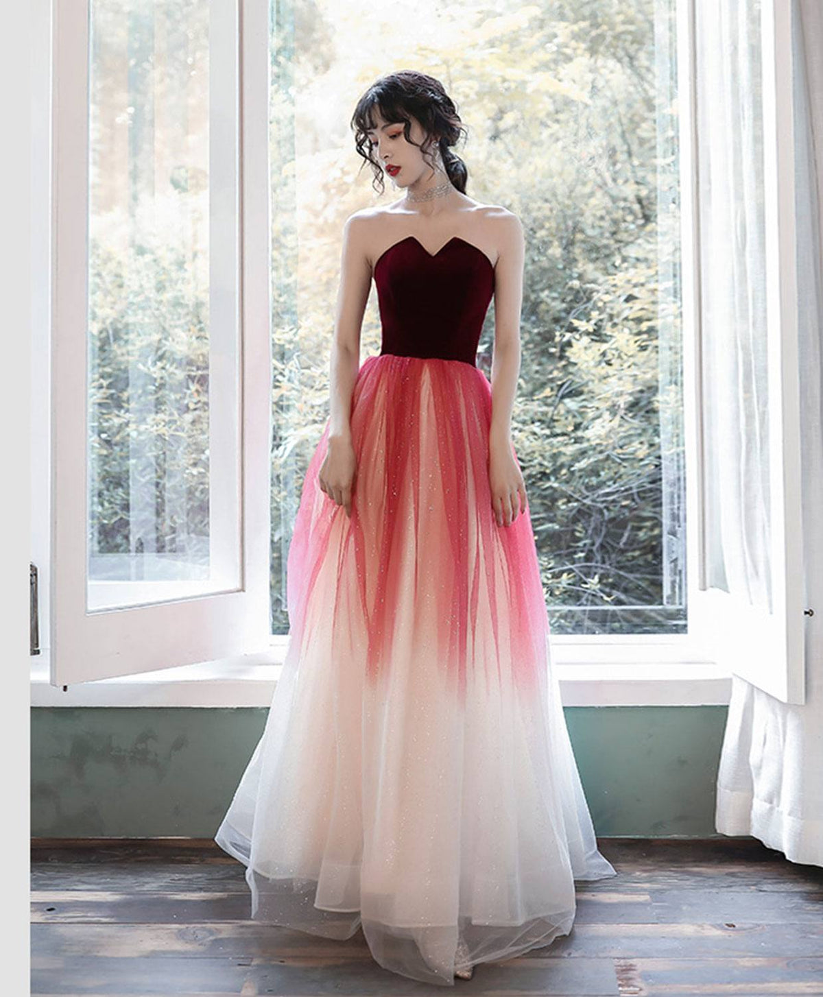 A-Line Tulle Burgundy Long Prom Dresses, Burgundy Formal Party Dress - RongMoon