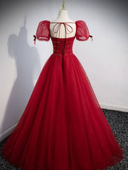 Burgundy A line tulle long prom dress, burgundy evening dress - RongMoon