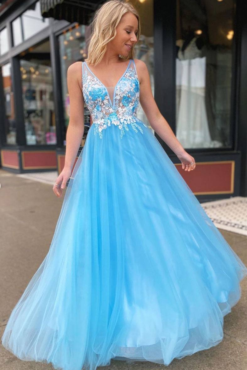 Blue v neck tulle lace long prom dress blue evening dress - RongMoon
