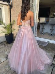 Pink sweetheart tulle lace long prom dress, pink tulle lace evening dress - RongMoon