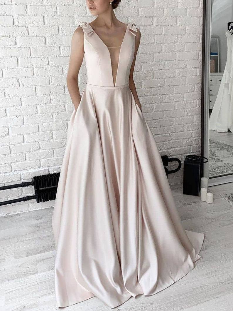 Simple v neck apricot satin long prom dress , bridesmaid dress - RongMoon