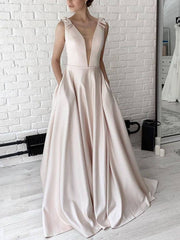 Simple v neck apricot satin long prom dress , bridesmaid dress - RongMoon