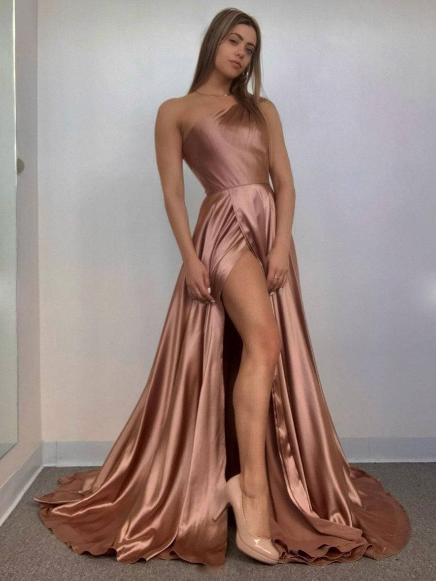 Simple one shoulder satin long prom dress, satin long evening dress - RongMoon