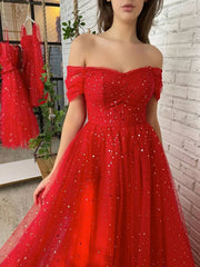 Simple red off shoulder tulle long prom dress, red evening dress - RongMoon