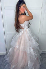 Light champagne v neck tulle lace long prom dress lace evening dress