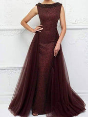 A-Line Mother of the Bride Dress Elegant Jewel Neck Floor Length Lace Sleeveless with Pleats - RongMoon