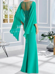 Sheath / Column Mother of the Bride Dress Elegant Jewel Neck Floor Length Chiffon Lace Short Sleeve with Appliques - RongMoon