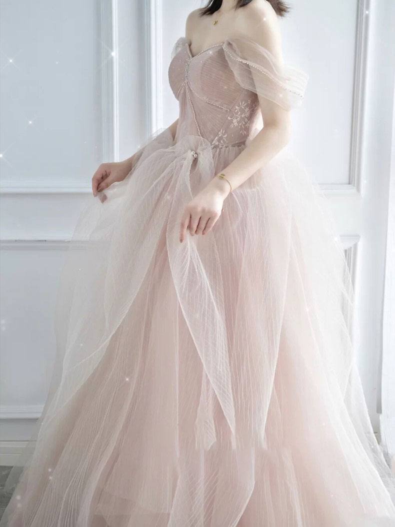 Pink sweetheart tulle long prom dress, pink tulle formal dress - RongMoon
