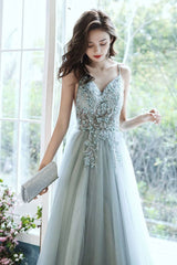 Gray v neck tulle beads long prom dress beads tulle evening dress - RongMoon