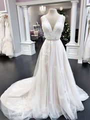 White v neck tulle lace long prom dress, lace evening dress - RongMoon