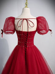 Burgundy A line tulle long prom dress, burgundy evening dress - RongMoon