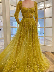 Yellow sweetheart tulle beads long prom dress, yellow evening dress - RongMoon