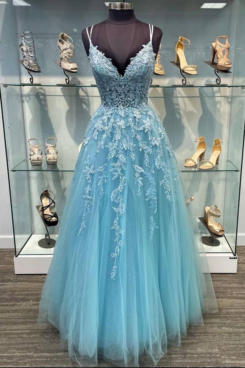 Blue v neck tulle lace long prom dress blue tulle lace evening dress - RongMoon
