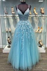 Blue v neck tulle lace long prom dress blue tulle lace evening dress - RongMoon