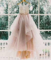 Unique round neck sequin tulle long prom gown, evening dress, wedding dress - RongMoon