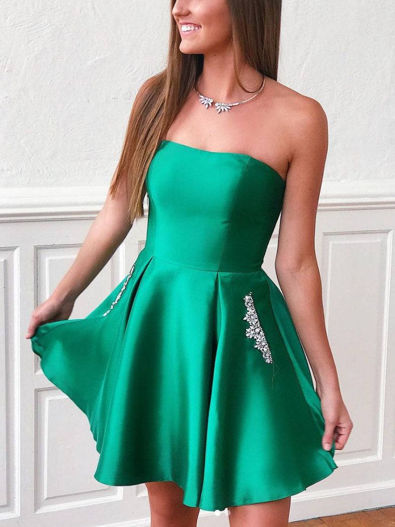 Simple green satin short prom dress, green homecoming dress - RongMoon