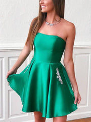 Simple green satin short prom dress, green homecoming dress - RongMoon