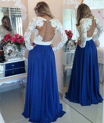 A-line lace long-sleeved chiffon long prom dress, evening dress - RongMoon