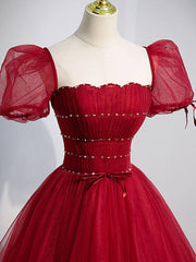 Burgundy A line tulle long prom dress, burgundy evening dress - RongMoon