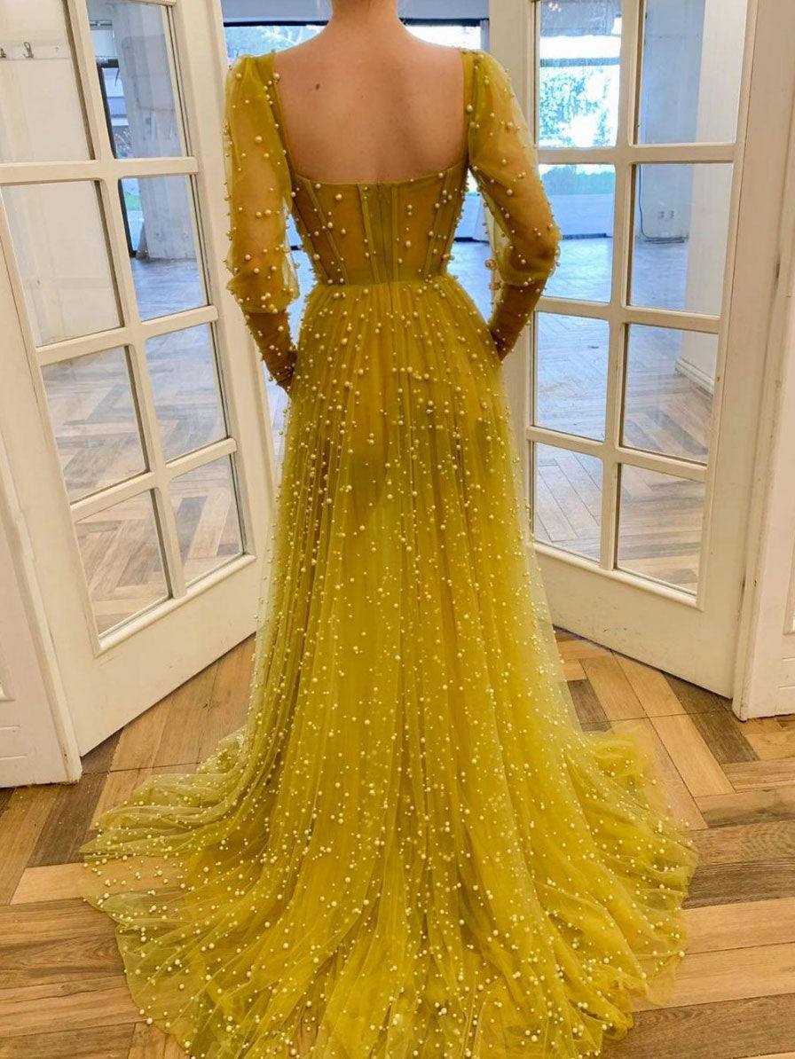 Yellow sweetheart tulle beads long prom dress, yellow evening dress - RongMoon