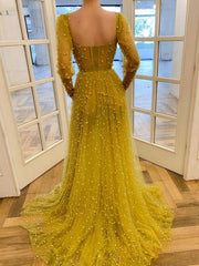 Yellow sweetheart tulle beads long prom dress, yellow evening dress - RongMoon