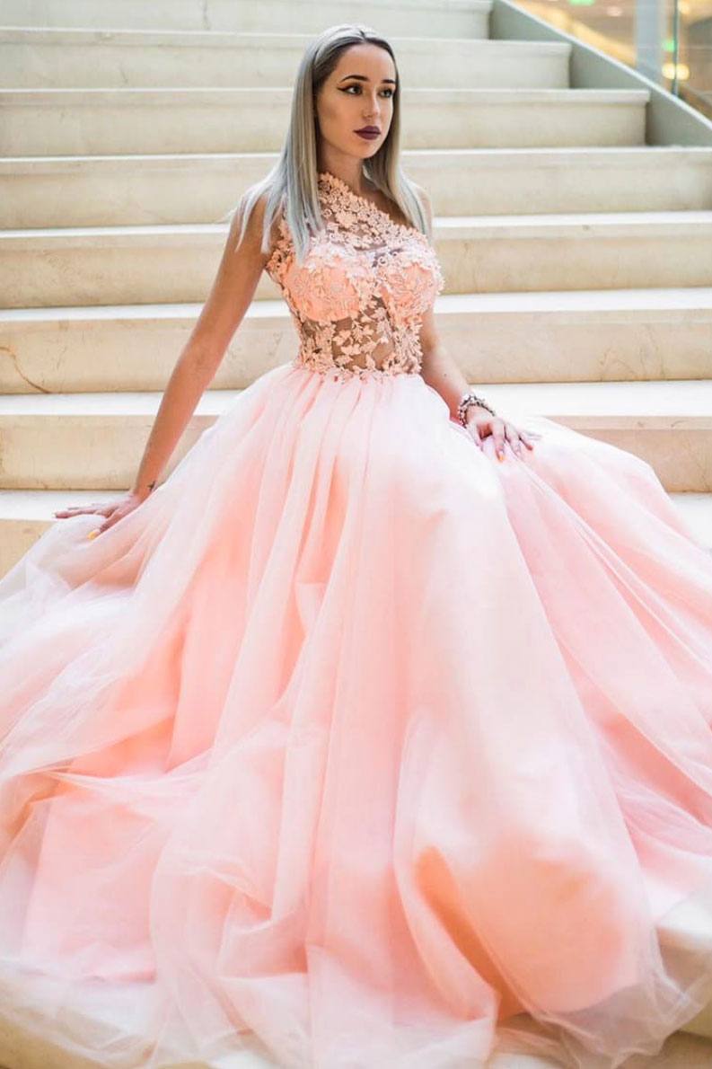 Pink tulle lace one shoulder long prom dress pink lace bridesmaid dress - RongMoon