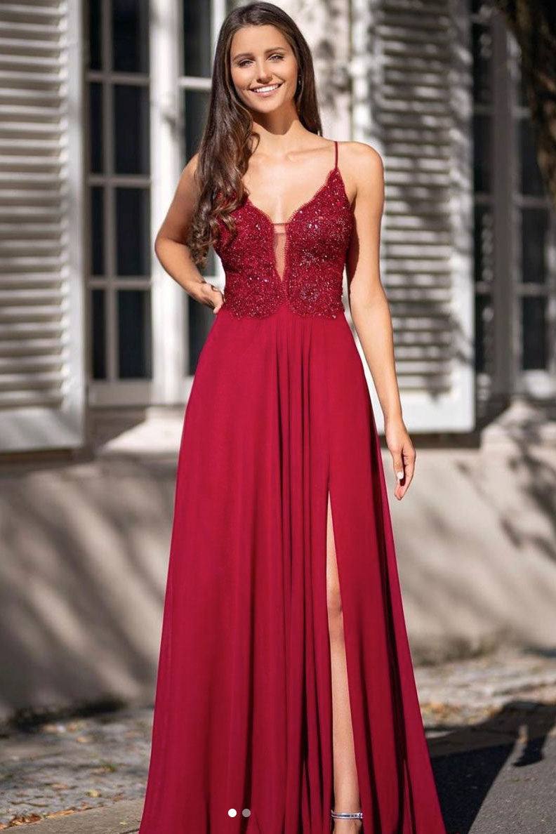 Burgundy v neck chiffon lace long prom dress burgundy evening dress - RongMoon