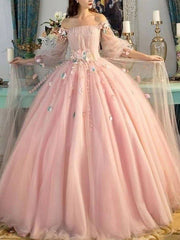 Ball Gown Off-the-Shoulder Tulle Long Sleeves Hand-Made Flower Floor-Length Dresses - RongMoon