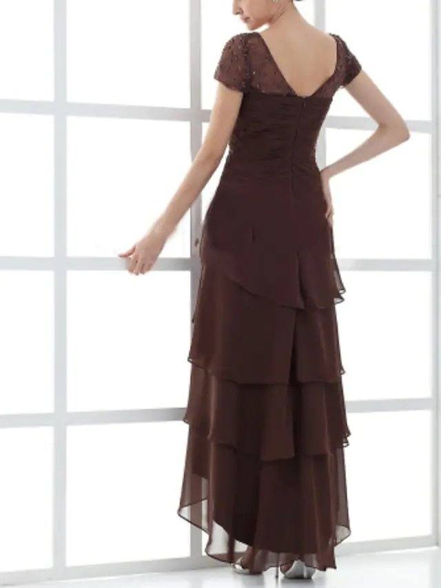 A-Line Mother of the Bride Dress Elegant Square Neck Floor Length Chiffon Short Sleeve with Cascading Ruffles Ruching - RongMoon