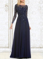 Navy Blue Mother Of The Bride Dresses A-line Long Sleeves Chiffon Beaded Formal Groom Long Mother Dresses For Wedding - RongMoon