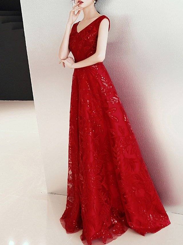 A-Line Elegant Floral Engagement Prom Dress V Neck Sleeveless Floor Length Lace Tulle with Appliques - RongMoon