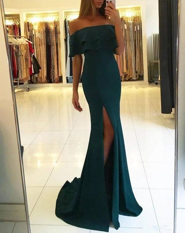 Elegant Robe De Soiree Mermaid Off The Shoulder Green Slit Sexy Long Prom Dresses Prom Gown Evening Dresses - RongMoon