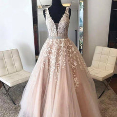 Blush Robe De Soiree A-line V-neck Tulle Appliques Lace Beaded Elegant Long Prom Dresses Prom Gown Evening Dresses - RongMoon