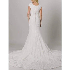Mermaid / Trumpet Wedding Dresses V Neck Court Train Lace Stretch Fabric Cap Sleeve Romantic with Appliques - RongMoon