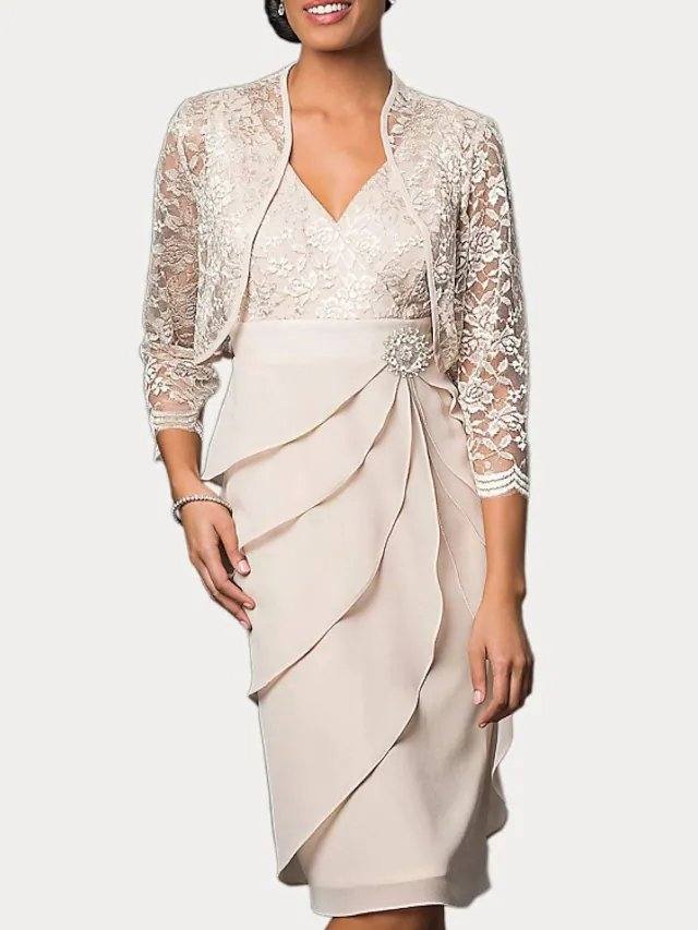 Two Piece Sheath / Column Mother of the Bride Dress Elegant V Neck Knee Length Chiffon Lace 3/4 Length Sleeve with Embroidery Cascading Ruffles - RongMoon