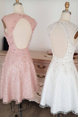 Cute round neck tulle lace short prom dress lace bridesmaid dress - RongMoon