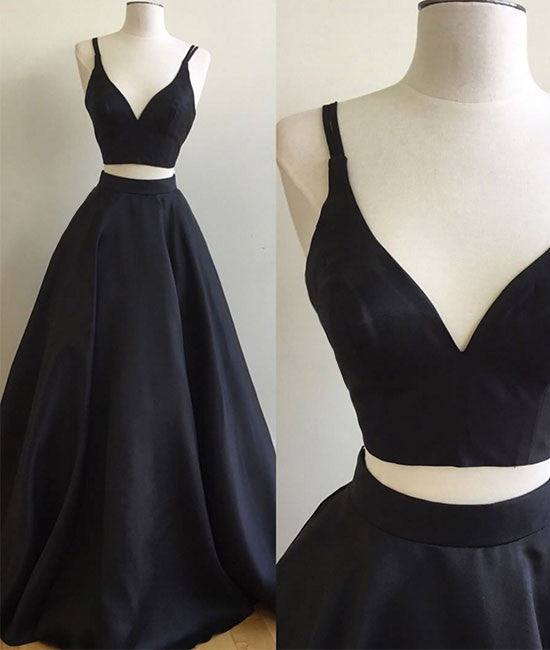 Simple two pieces black long prom dress, black evening dress - RongMoon