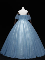 Blue sweetheart neck tulle lace long prom dress, blue evening dress - RongMoon