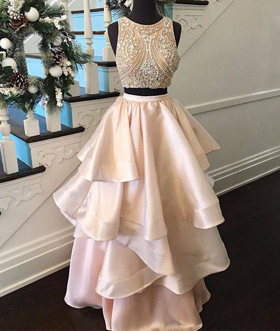 Pink two pieces beaded long prom dress, pink evening dress - RongMoon