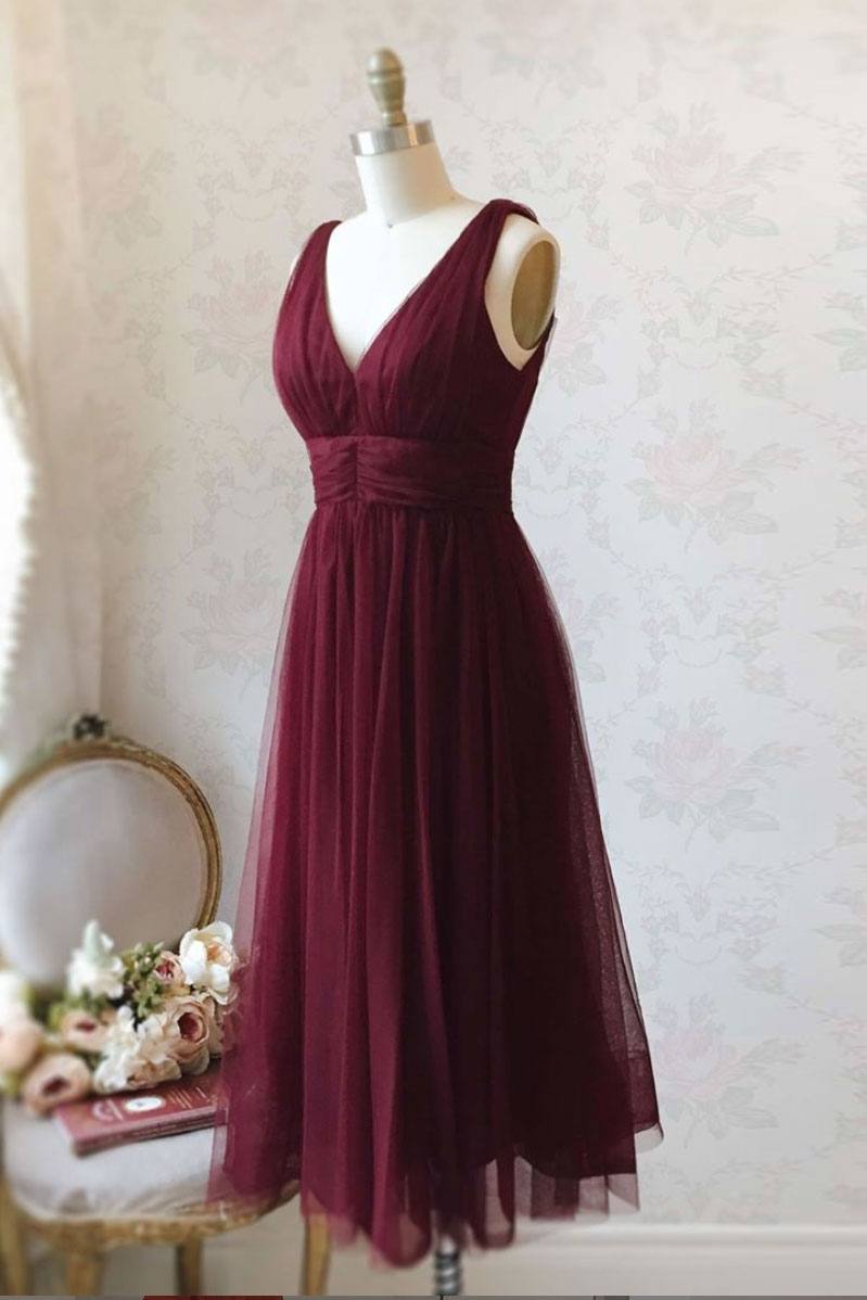 Simple burgundy tulle prom dress tulle burgundy formal dress - RongMoon