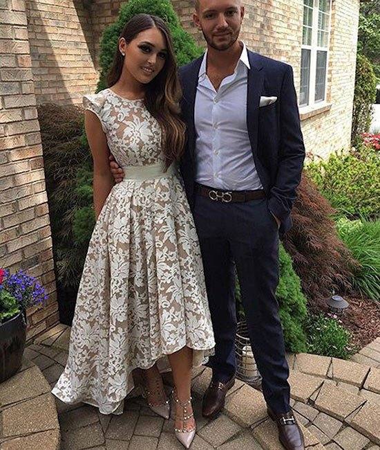 Cute round neck lace high-low prom dress, evening dress - RongMoon